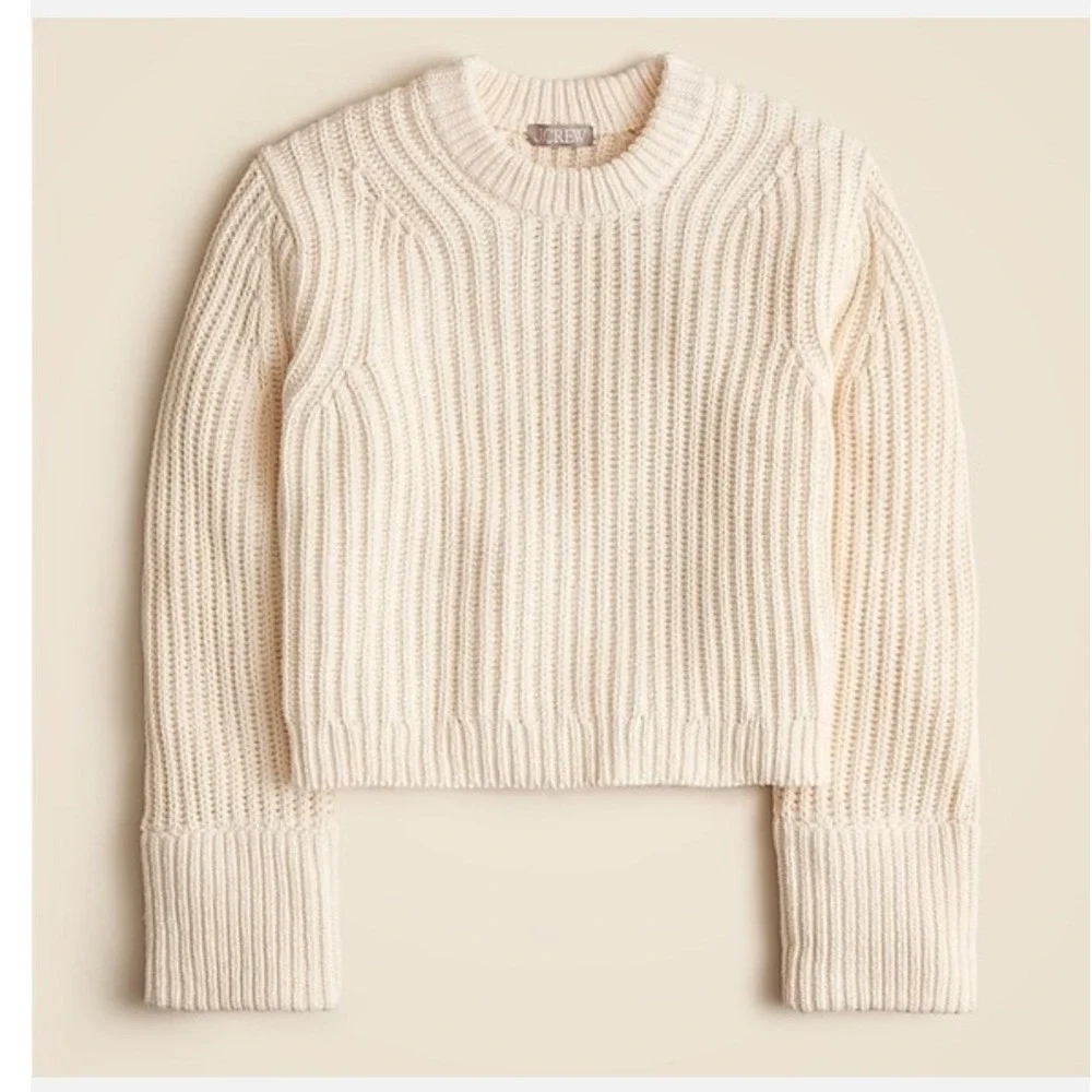 J. Crew Heritage Cotton Fisherman Crewneck Sweater Cream Ribbed Crop- Small